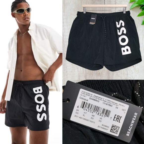Hugo Boss Men XL Octopus 5" Swim Trunks Vertical Logo Mesh Lined Black White NWT - Picture 1 of 16
